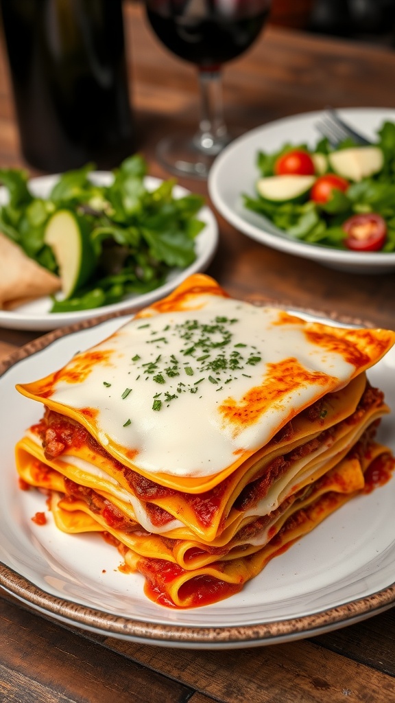 Layered lasagna with meat sauce and creamy bechamel, topped with melted mozzarella, served with a salad and wine.